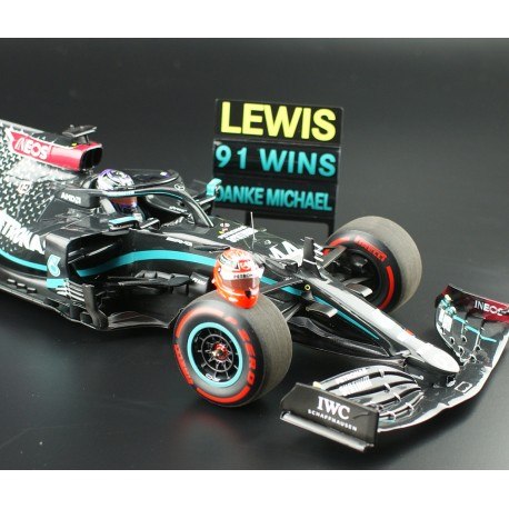 Mercedes F1 W11 EQ Performance 44 F1 91st Win Eifel 2020 Lewis Hamilton  with pitboard and Schumacher helmet Minichamps 110201144