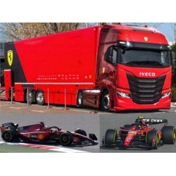 Ferrari Set Iveco S-Way 570 truck with 2 F1 Ferrari SF-23 Leclerc Sainz 2023 Bburago BU36847